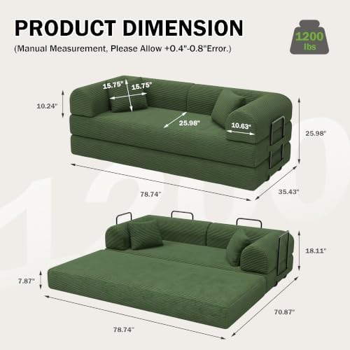 79" Convertible Futon Sofa Bed, Boneless Couch, Olive Green - Image 2