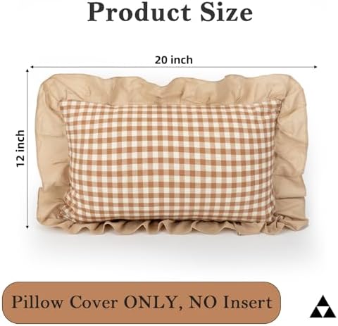 JoraLion Ruffled Throw Pillow Cover 12x20 Gingham Khaki Solid Edge - Image 3