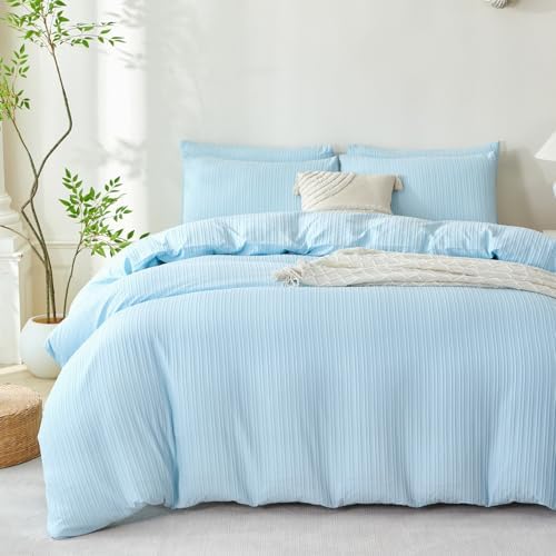 Striped Comforter King Set Light Blue Soft Washed Microfiber Jacquard 3 Pieces - Image 7