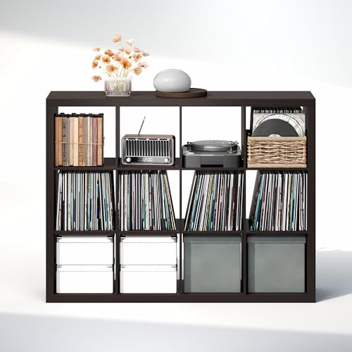 Furinno Cubicle Record Player Stand, 12-Cube Record Storage, Dark Oak - Image 6