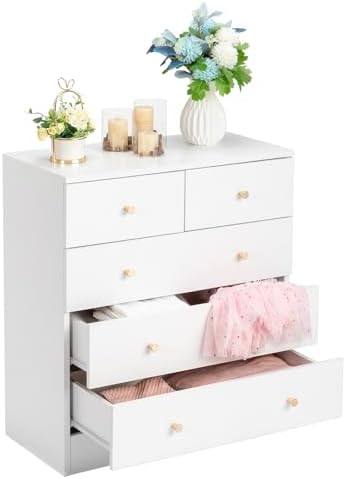 Karl home White 5-Drawer Dresser, Rose Gold Handles, Modern Bedroom Chest by Karlhome