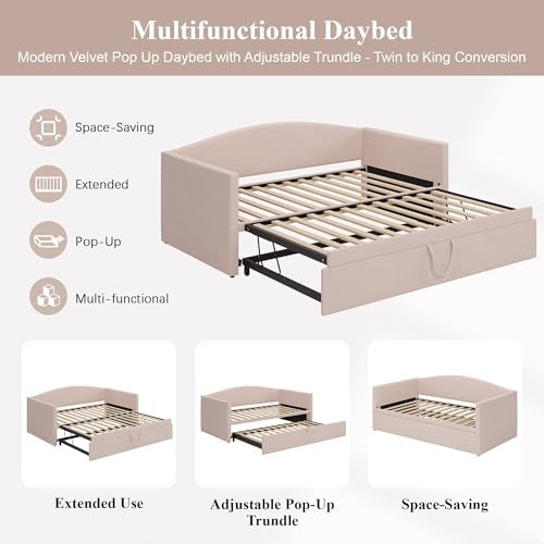 SOFTSEA Twin Daybed with Pop Up Trundle, Velvet Upholstered Extendable Day Bed - Image 4