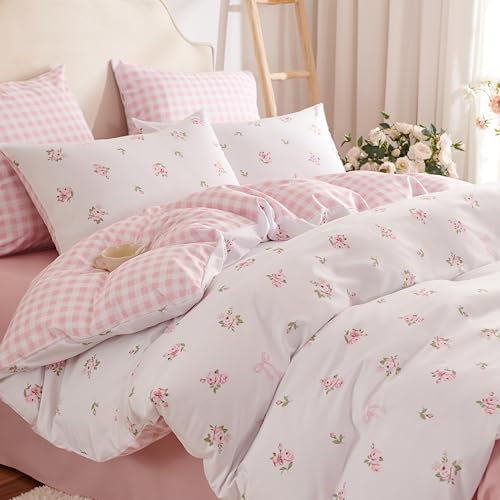 Nayoroom Pink Floral Comforter Set Full Reversible Gingham Bedding by Nayoroom