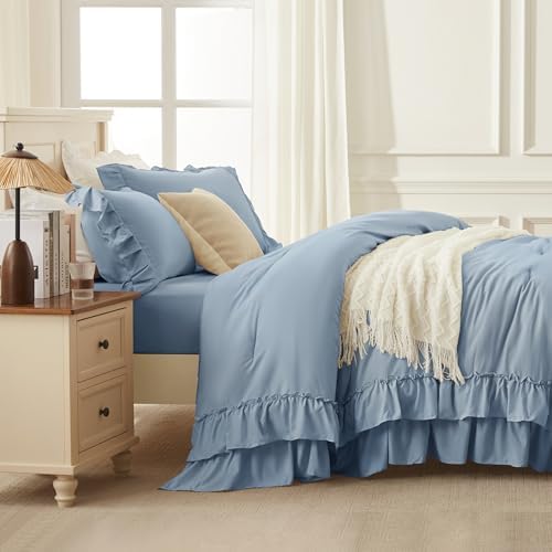Andency Grayish Blue Ruffle Full Size Comforter Set, 3 Pieces - Image 5