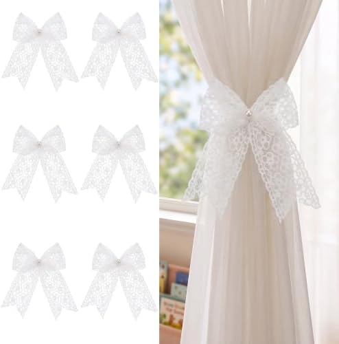 White Lace Bow Curtain Tiebacks 6-Pack, Vine Floral Curtain Holdbacks by TAMHOO