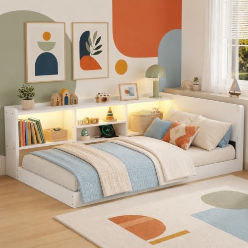 Twin Floor Bed with Storage, L-Shaped Corner Bed, Charging & LED by OYUMOENTS