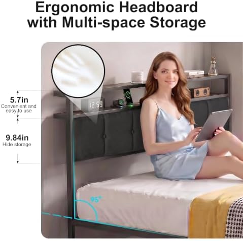 Queen Bed Frame with 2 Drawers and Storage Headboard, Metal Platform with LED - Image 3