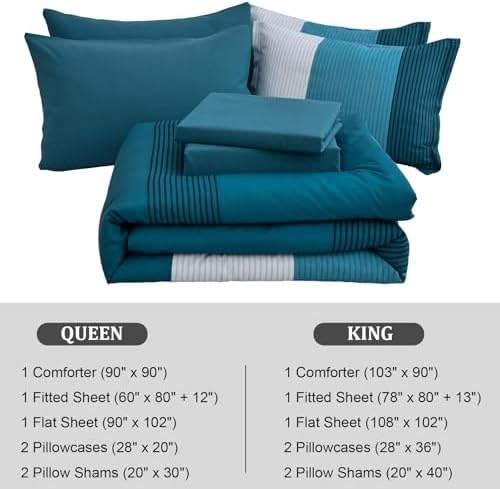 Teal Comforter Set Queen, 7 Piece Blue Striped Bedding Set - Image 7