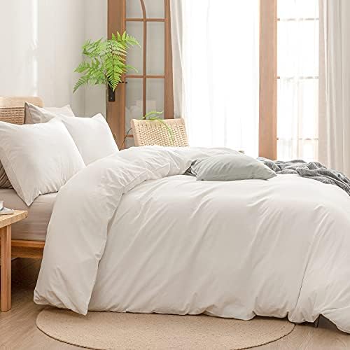 BESTOUCH Cotton Solid Duvet Cover Set Linen Feel Off White Twin - Image 3