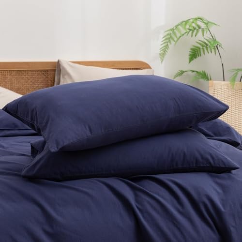 BESTOUCH Cotton Solid Duvet Cover Set Linen Feel Navy Blue Alaska King - Image 7