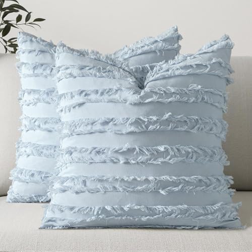 MIULEE Boho Linen Striped Throw Pillow Covers 16x16, Light Blue by MIULEE