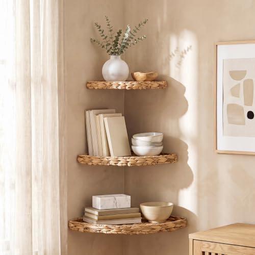 Set of 3 Wicker Floating Corner Shelf Boho Wall Decor - Image 4