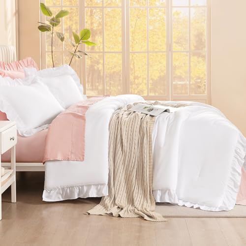 Litanika King Comforter Set, 3 Pieces White Ruffle Bedding Set - Image 3