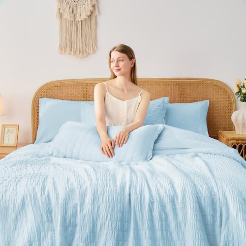 Queen Comforter Sets with Sheets, 7 Pieces Bed in a Bag, Light Blue - Image 3