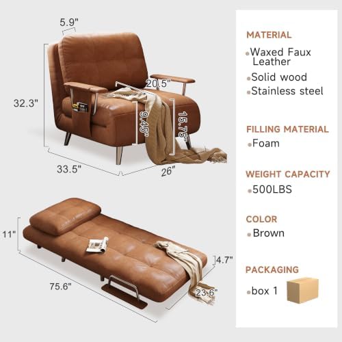 Convertible Faux Leather Sleeper Sofa, 5-Position Adjustable Backrest, - Image 3