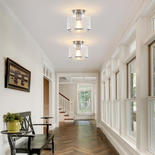 Modern Flush Mount Ceiling Light, Seeded Glass Ceiling Light Fixture, Nickel - Image 4