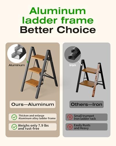 Taranta 3 Step Stool Foldable, Aluminum Step Ladder-BlackWoodgrain - Image 4