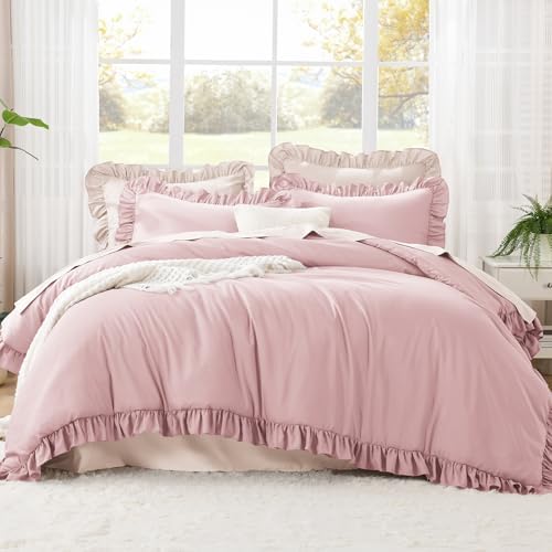 Litanika Full Comforter Set, 3 Pieces Grayish Pink Ruffle Bedding Set - Image 2