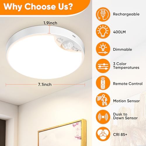 Rechargeable Motion Sensor Ceiling Light, 12000mAh Battery Closet Light - Image 3