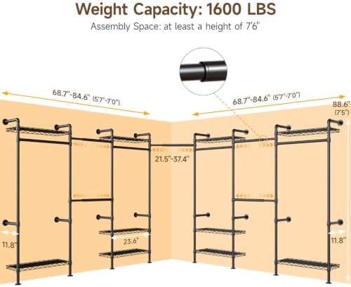 L7 Wall Mounted Industrial Pipe Clothing Rack, Corner Closet System - Image 3