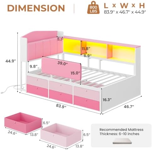 Twin Corner Bed Frame with 6 Storage Drawers, LED Lights, Charging Station - Image 2