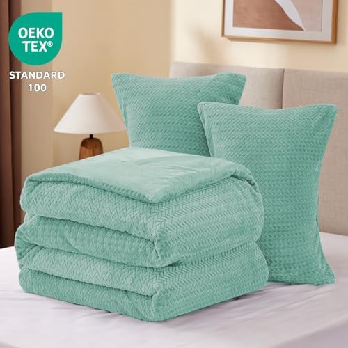 ChiXpace Fleece Queen Comforter Set Eggshell Blue, Fluffy Bed Set 3 Pieces - Image 6