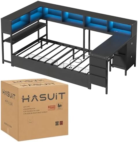 Twin Corner Bed with Desk and Storage Bookcase, Daybed with 2 Drawers & 2 - Image 6