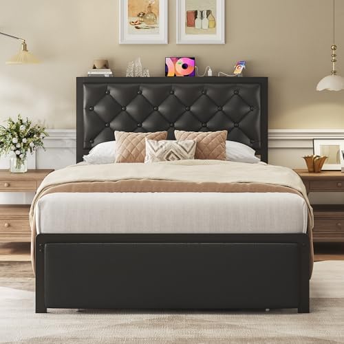 Twin Bed Frame with Storage Drawer, Upholstered Headboard Button Tufted Bed - Image 3