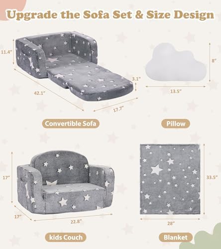 Kids Couch, 2-in-1 Soft Toddler Couch Fold Out - Image 3