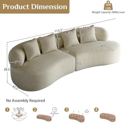 113" Curved Chenille Sectional, 4 Seater Cloud Couch - Image 2