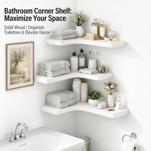 16 Inch Solid Wood Floating Corner Shelves, 3 Pack, Classic White - Image 5