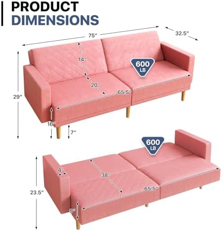 75 Inch Convertible Couch Sofa Bed, Reclining Futon Sleeper - Image 2