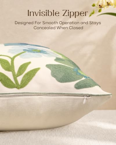 Embroidered Throw Pillow Covers 18x18 Inch, Teal Flower - Image 4