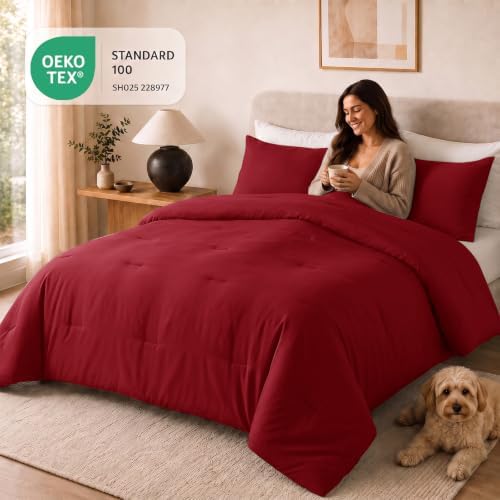 CozyLux Oversized Queen Comforter Set, 3 Pieces Dark Red Quilted Bedding - Image 5