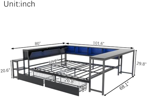Queen Corner Bed with Desk and Storage, LED corner Bed Frame - Image 2