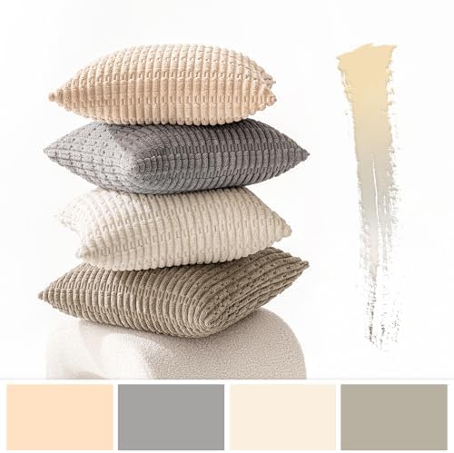 MIULEE Pack of 4 Corduroy Throw Pillow Covers 18x18 Inch Beige and Brown - Image 3