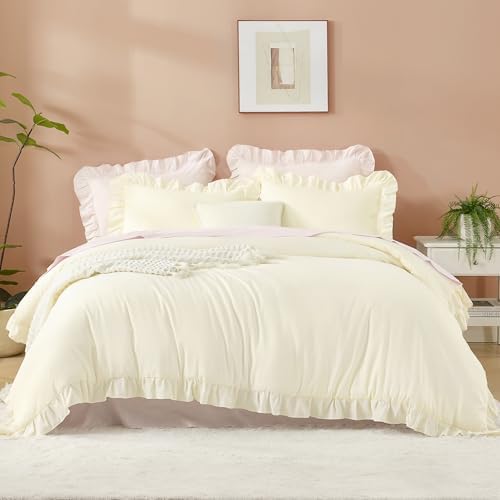 Litanika Queen Comforter Set, 3 Pieces Cream Ruffle Bedding Set - Image 2