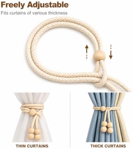 Wooden Bead Curtain Tiebacks 4 Pack Adjustable No-Drill Rope Ties - Image 3