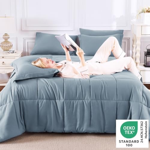 CozyLux Queen Comforter Set, 7-Piece Bed in a Bag, Dusty Blue - Image 3