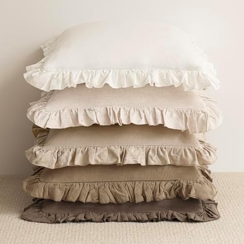Foindtower Linen Fringe Ruffle Throw Pillow Covers 18×18 Inch Light Brown - Image 6