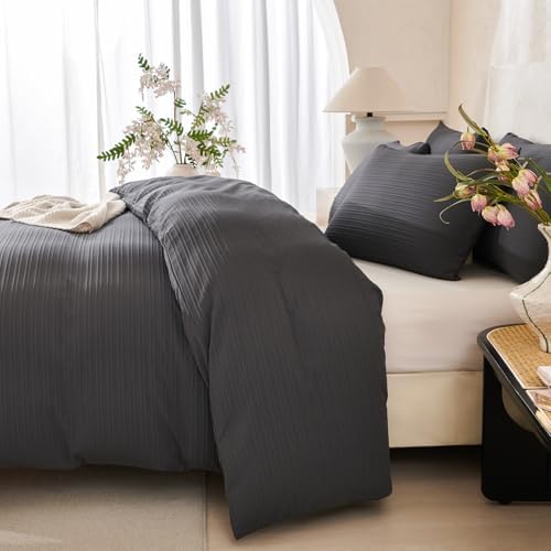 Dark Grey Comforter King Size Set Striped Soft Washed Microfiber Jacquard 3 - Image 6