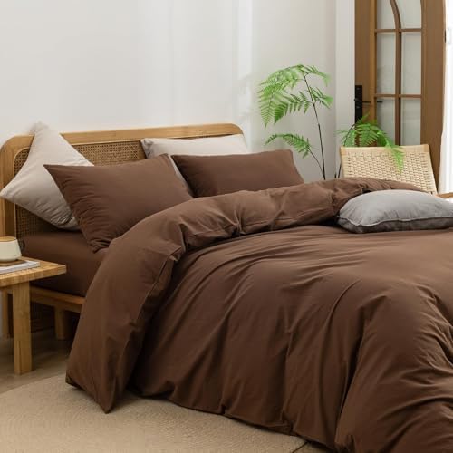 BESTOUCH Cotton Solid Duvet Cover Set Linen Feel Cocoa Brown Alaska King - Image 2