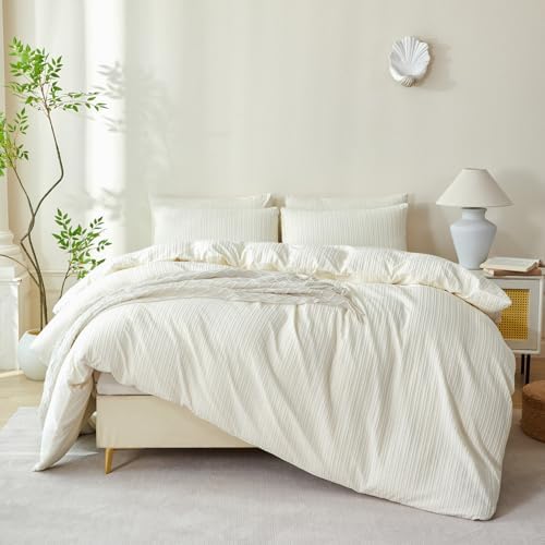 Queen Comforter Set Striped Beige 100% Soft Washed Microfiber Jacquard 3 Pieces - Image 6