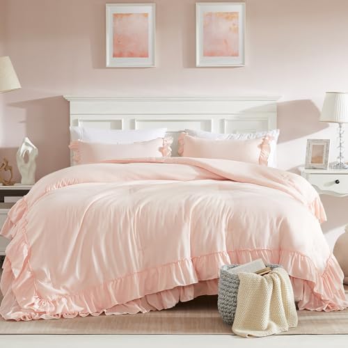 Cupocupa Pink Ruffle King Size Comforter Set, Shabby Chic Boho Bedding - Image 2