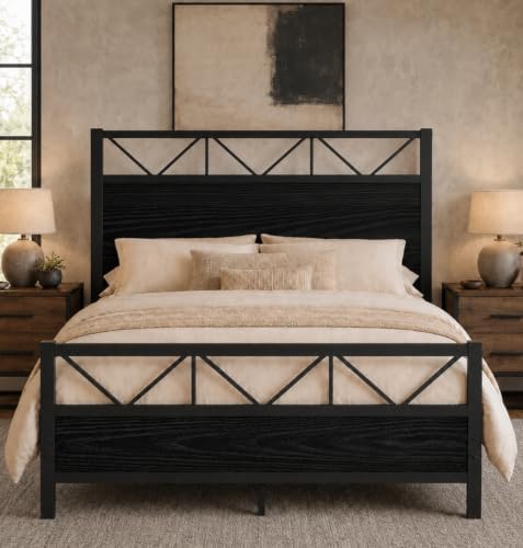 Queen Size Bed Frame with 51.2" Tall Industrial Headboard by IMMERSTABLE