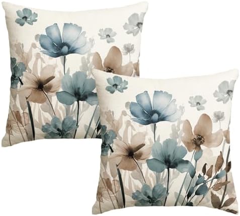 AVOIN colorlife Poppy Flowers Blue Brown Pillow Covers 18x18 Inch Set of 2 by AVOINcolorlife