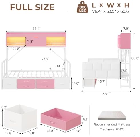 Full Storage Daybed with High Bookcase & 6 Drawers, Corner Bed Frame Pink - Image 2