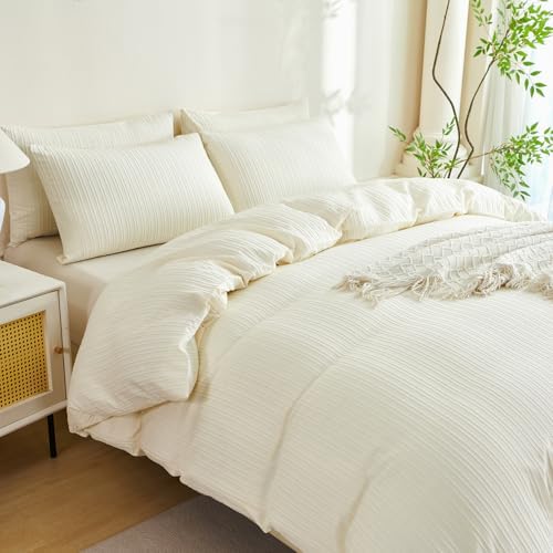 Queen Comforter Set Striped Beige 100% Soft Washed Microfiber Jacquard 3 Pieces - Image 5