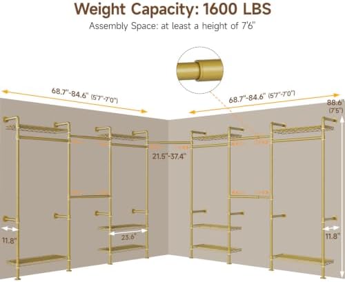 L7 Wall Mounted Industrial Pipe Clothing Rack, Corner Closet System - Image 3