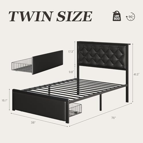 Twin Bed Frame with Storage Drawer, Upholstered Headboard Button Tufted Bed - Image 2
